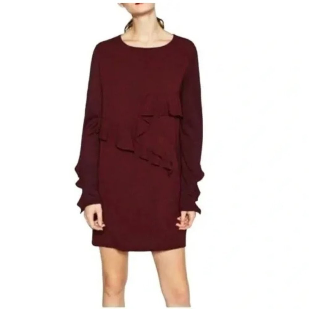 ZARA Collection Cocktail Dress, Maroon Red Ruffle Tiered Long Sleeve Career, S